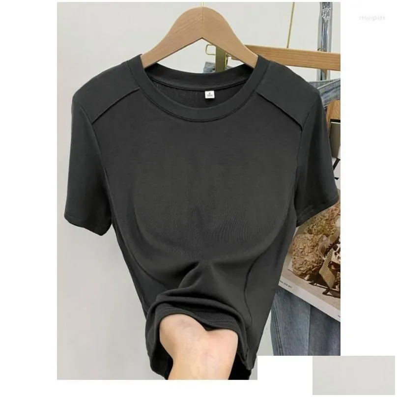 Women`s T Shirts Solid Color Round Neck Short Sleeve Slim T-shirt Women 2023 Summer Foreign Air Age Reduction Tops