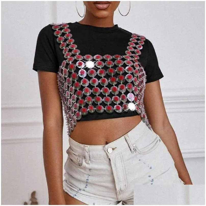 Women`s Tanks Sexy Manual Patchwork Acrylic Camisole Sleeveless Low Cut Tops For Women 2023 Flower Harness Top Chainmail Party Gifts