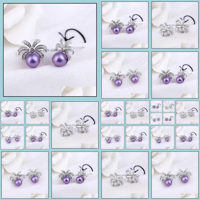 Silver Settings Summer Fashion Design 925 Sterling Palm Tree Pearl Stud Earings Mounting 5 Pairs