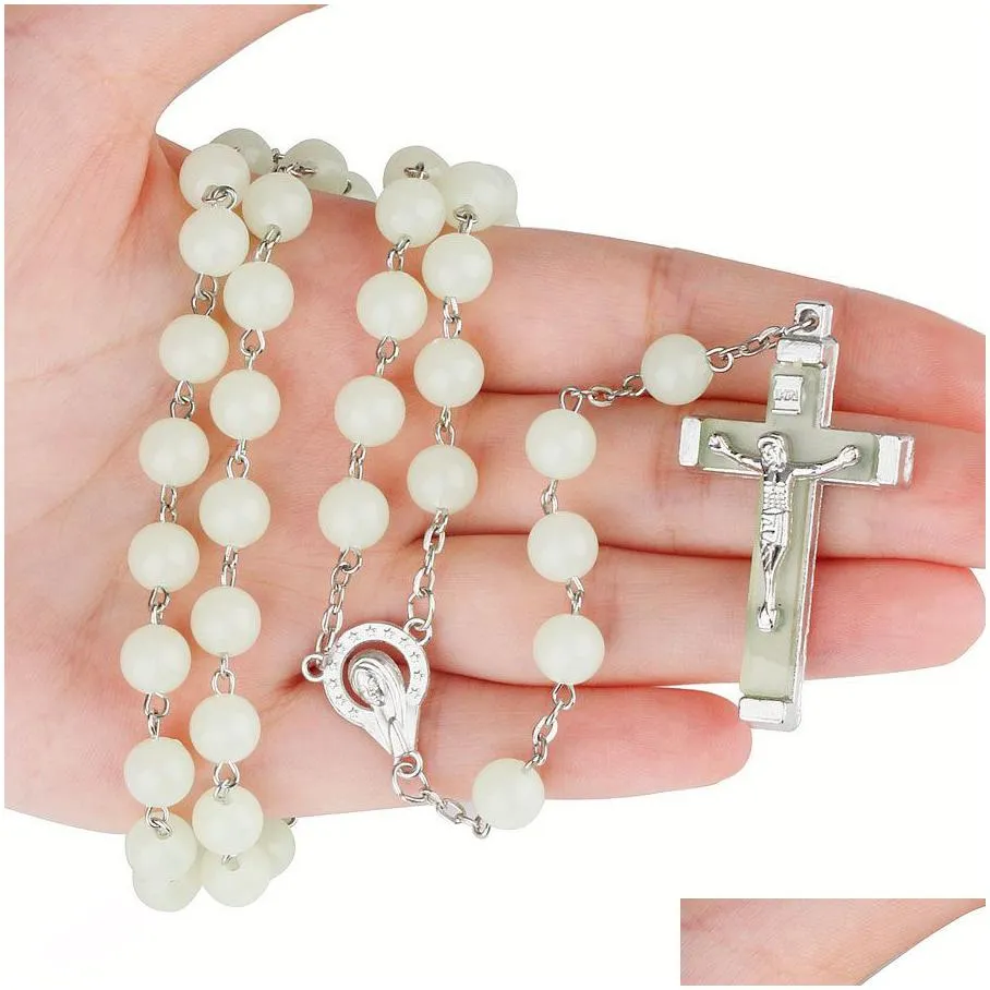 glow in the dark cross rosary necklace for women luminous catholic beads religious jesus crucifix pendant necklace jewelry