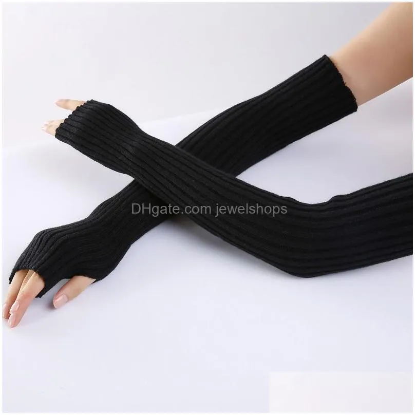 long gloves autumn winter knitted arm warmer sleeve fingerless mittens women ladies girl solid color gloves sleevelet fashion