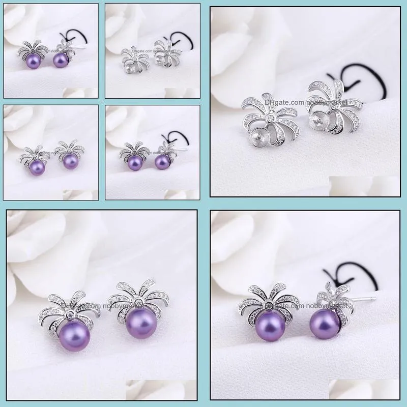 Silver Settings Summer Fashion Design 925 Sterling Palm Tree Pearl Stud Earings Mounting 5 Pairs