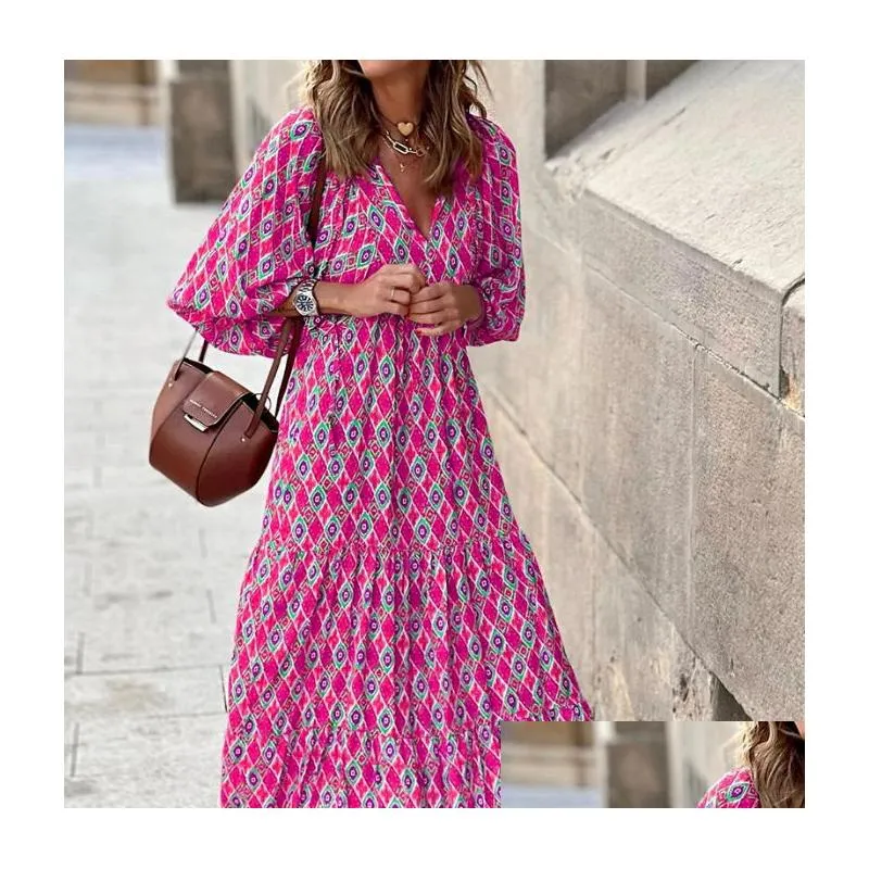 Casual Dresses Puff Sleeve Boho Maxi Dress Elegant Women Summer 2023 Floral Drawstring V-Neck Loose Holiday Beach Party Vestidos