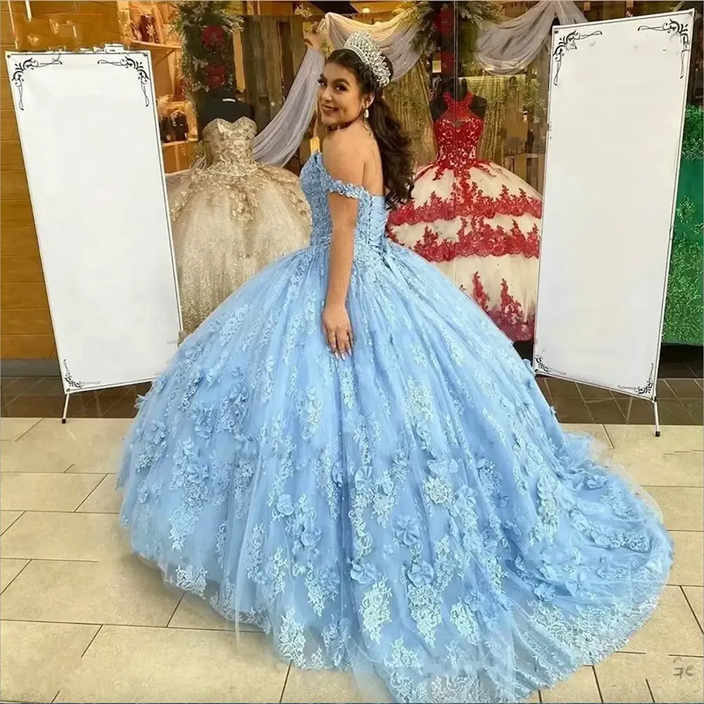 Gorgeoues Light Blue Quinceanera Dresses Off the Shoulder with 3D Floral Applique Sweep Train Tulle Custom Made Sweet 16 Pageant Party Princess Ball Gown vestidos