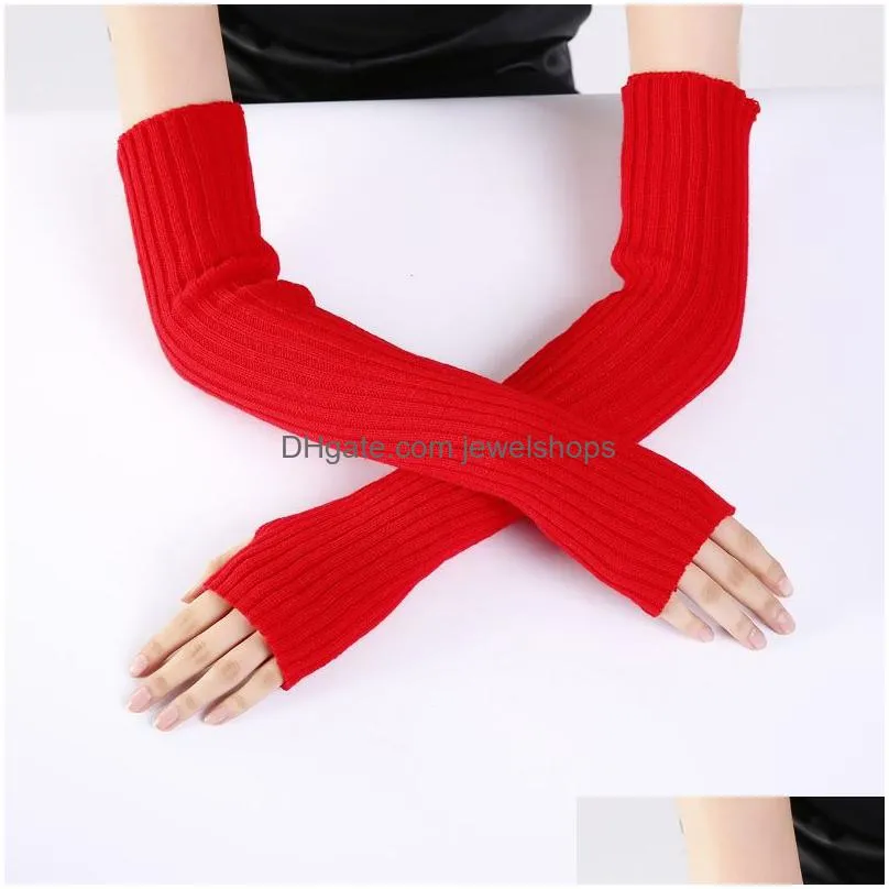 long gloves autumn winter knitted arm warmer sleeve fingerless mittens women ladies girl solid color gloves sleevelet fashion