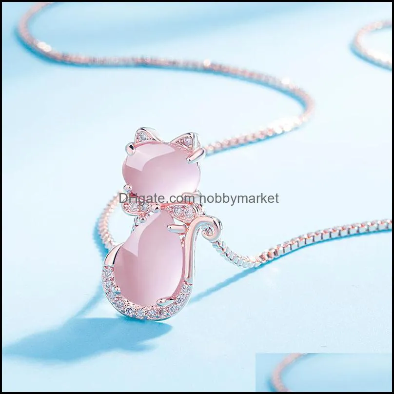 MOONROCY Rose Gold Color CZ Crystal Ross Quartz Pink Opal Necklace Earrings and Ring Jewelry Set for Cute Cat Jewelry Women 469C3