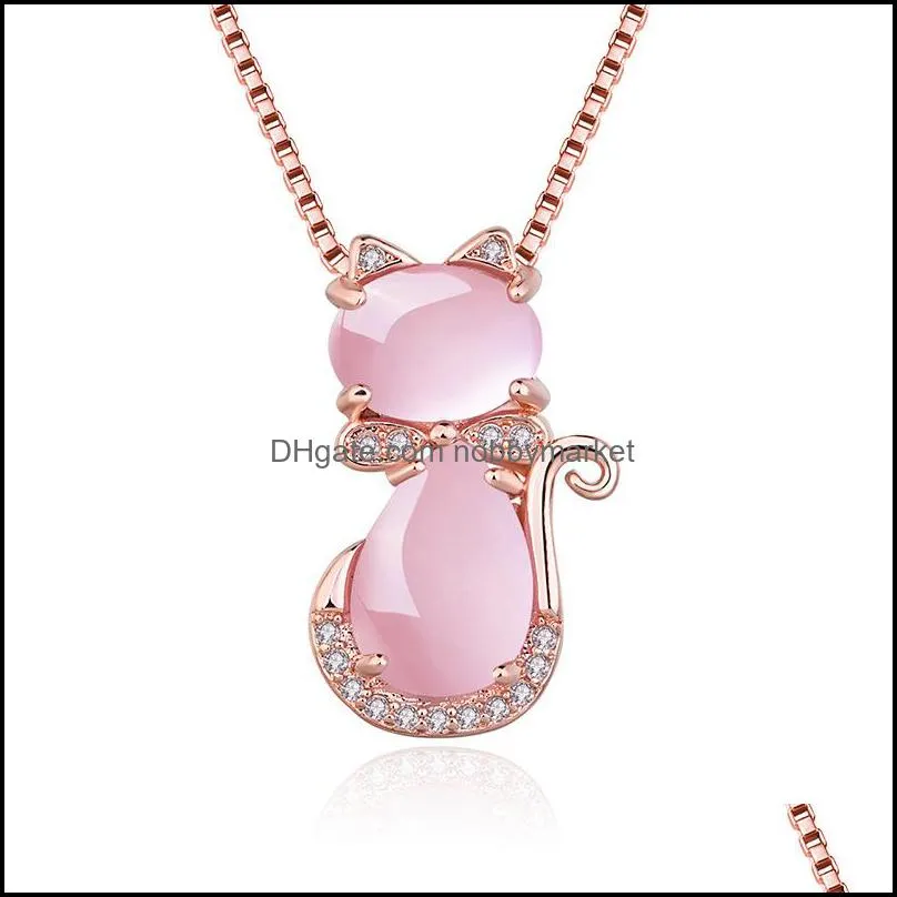MOONROCY Rose Gold Color CZ Crystal Ross Quartz Pink Opal Necklace Earrings and Ring Jewelry Set for Cute Cat Jewelry Women 469C3