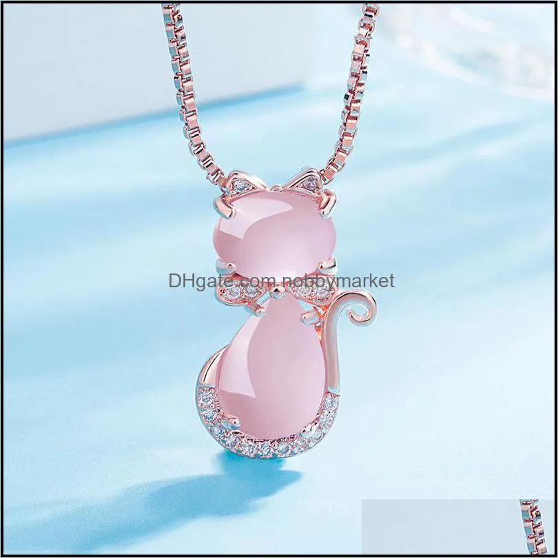 MOONROCY Rose Gold Color CZ Crystal Ross Quartz Pink Opal Necklace Earrings and Ring Jewelry Set for Cute Cat Jewelry Women 469C3