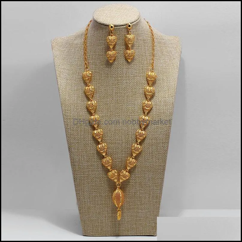 Dubai India Gold Color Jewelry Sets For Women African Flower Necklace Earrings Party Wedding Bridal Accessories 201215