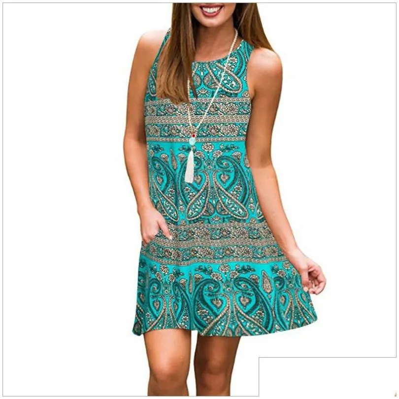 Casual Dresses Women`s Summer Sleeveless Bohemian Print Bouquet Waist Swing Loose Pocket T-Shirt Dress