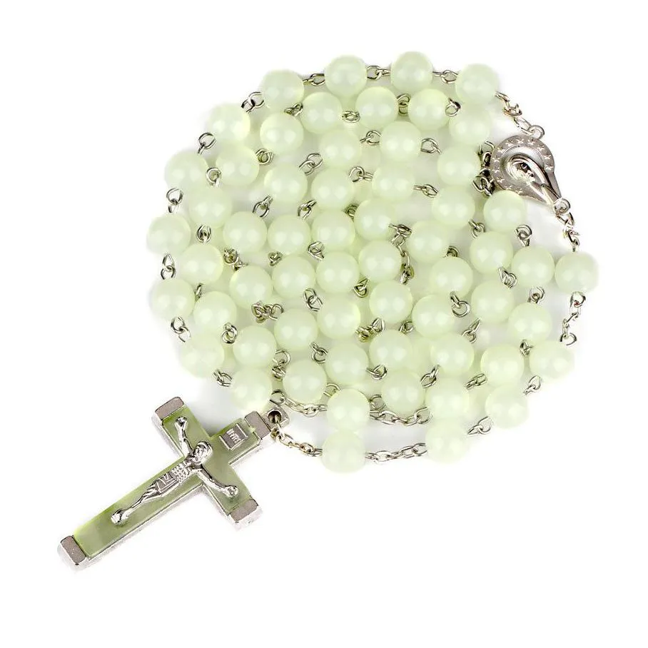 glow in the dark cross rosary necklace for women luminous catholic beads religious jesus crucifix pendant necklace jewelry