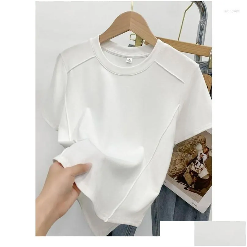 Women`s T Shirts Solid Color Round Neck Short Sleeve Slim T-shirt Women 2023 Summer Foreign Air Age Reduction Tops