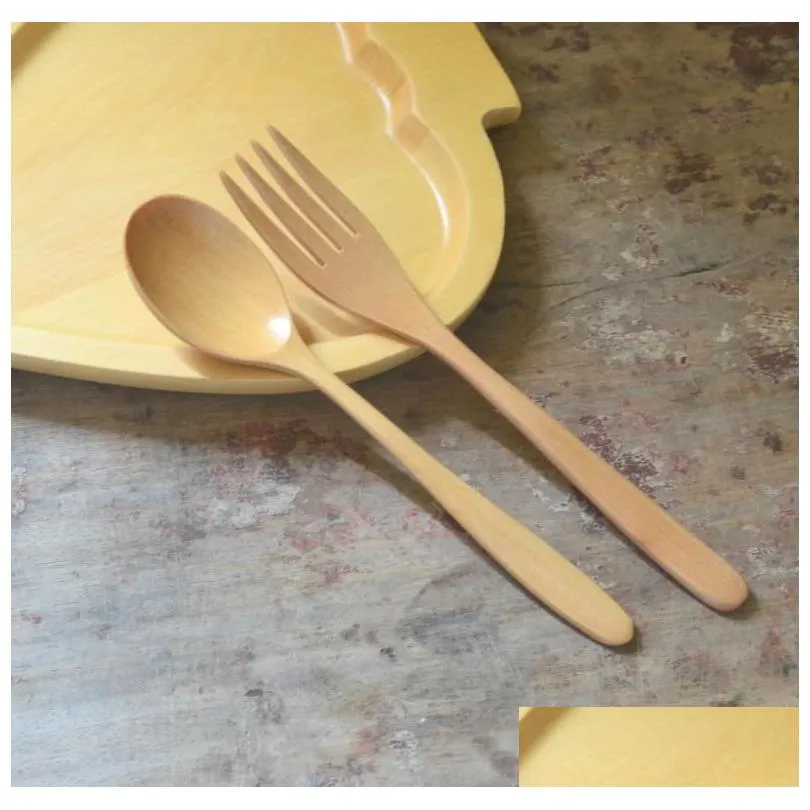 100pcs natural wood spoon and fork dinnerware coffee tea spoon salad fruit fork tableware green healthy wooden cutlery sn1288