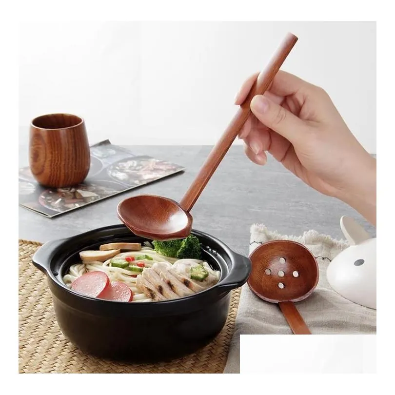 2 styles wooden soup spoons colander wood tableware japanese style ramen long handle pot spoon sn2313