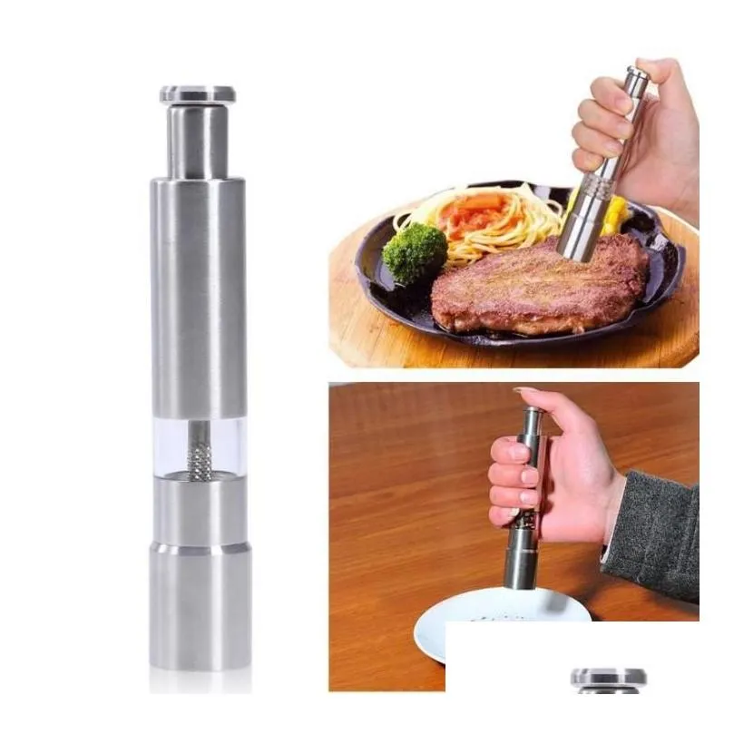 manual pepper mill salt shakers one-handed pepper-grinder stainless steel sauce grinders stick kitchen tools 27x153mm sn2968