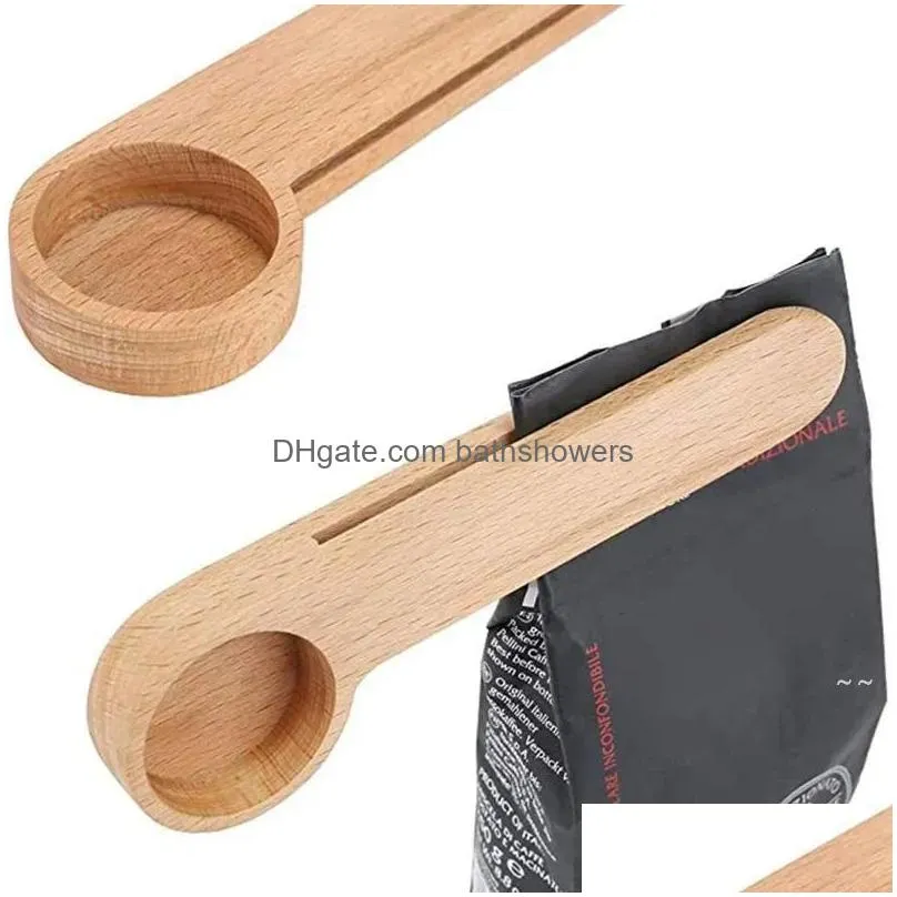 design wooden coffee scoop with bag clip tablespoon solid beech wood measuring tea bean spoons clips gift wholesale