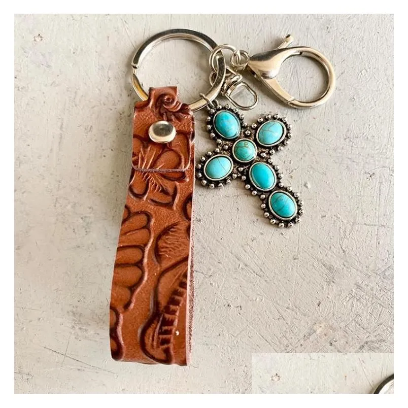 party favor vintage embossed cowhide keychain western style turquoise pumpkin flower pendant textured keychains jewelry sn4438