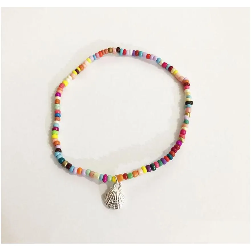 Bohemia Popular Women`s Shell Handmade Beaded Anklets Simple Colorful Rice Bead Gold Silver Seashell Charm Pendant Anklet Bracelet