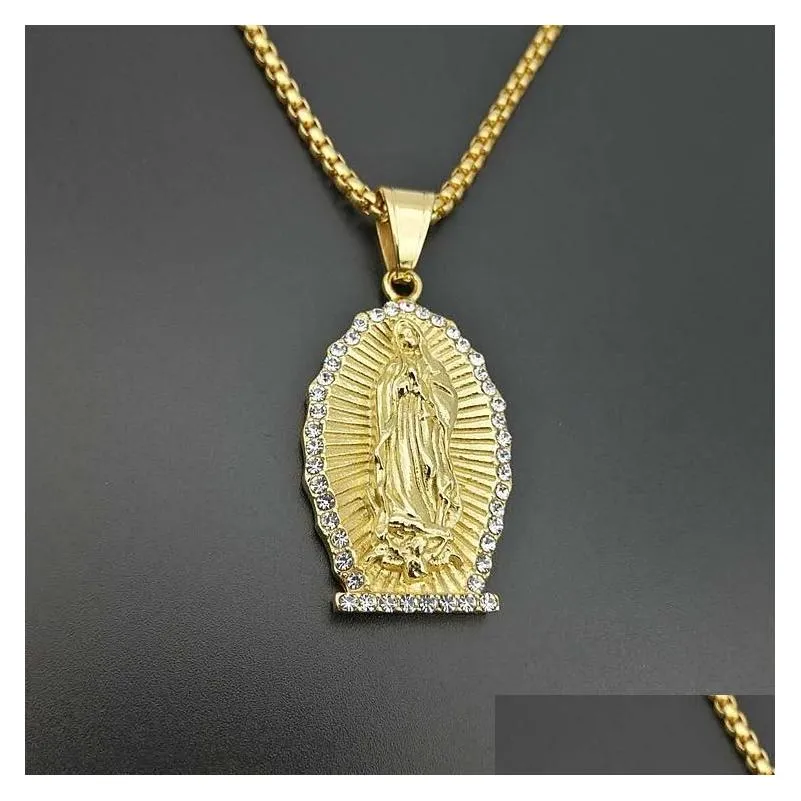 Pendant Necklaces Stainless Steel Virgin Mary Necklace For Men Hip Hop Rapper Jewelry With 60cm Gold Color Link Chain