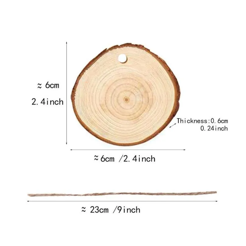 Party Supplies Christmas Ornaments Wood DIY Small Wooden Discs Circles Painting Round Pine Slices w/ Hole n Jutes SN2475