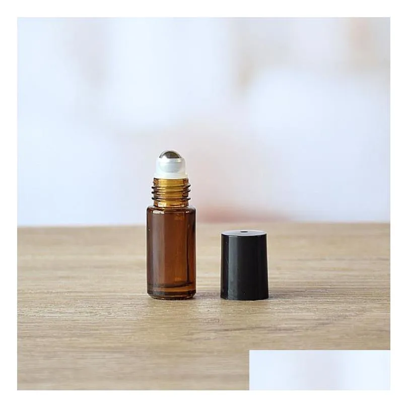 wholesale thick amber refillable 5ml mini roll on glass bottles  oil steel metal roller ball fragrance perfume sn4509