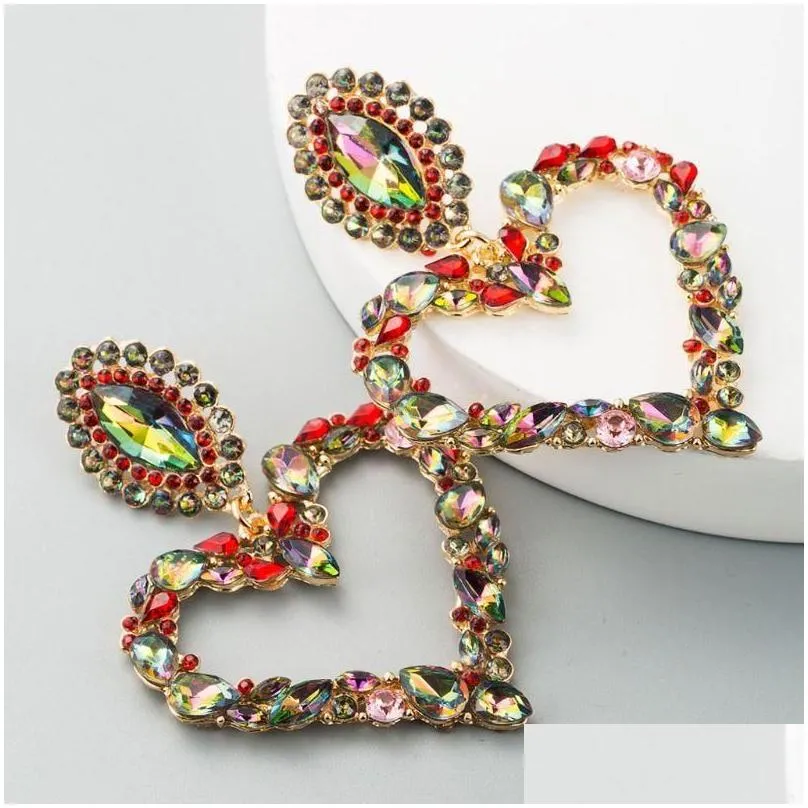 1 Pair Shiny Rainbow Crystal Rhinestone Large Heart Pendant Dangle Bib Earrings Statement Earrings Women Fashion Jewelr