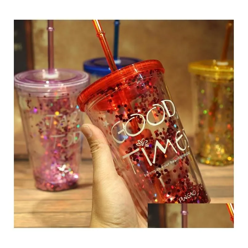 50pcs/lot 450ml creative colorful double layer plastic cup tumblers with lid summer gold powder juice cups water cup-with straw 15.5x6.5cm
