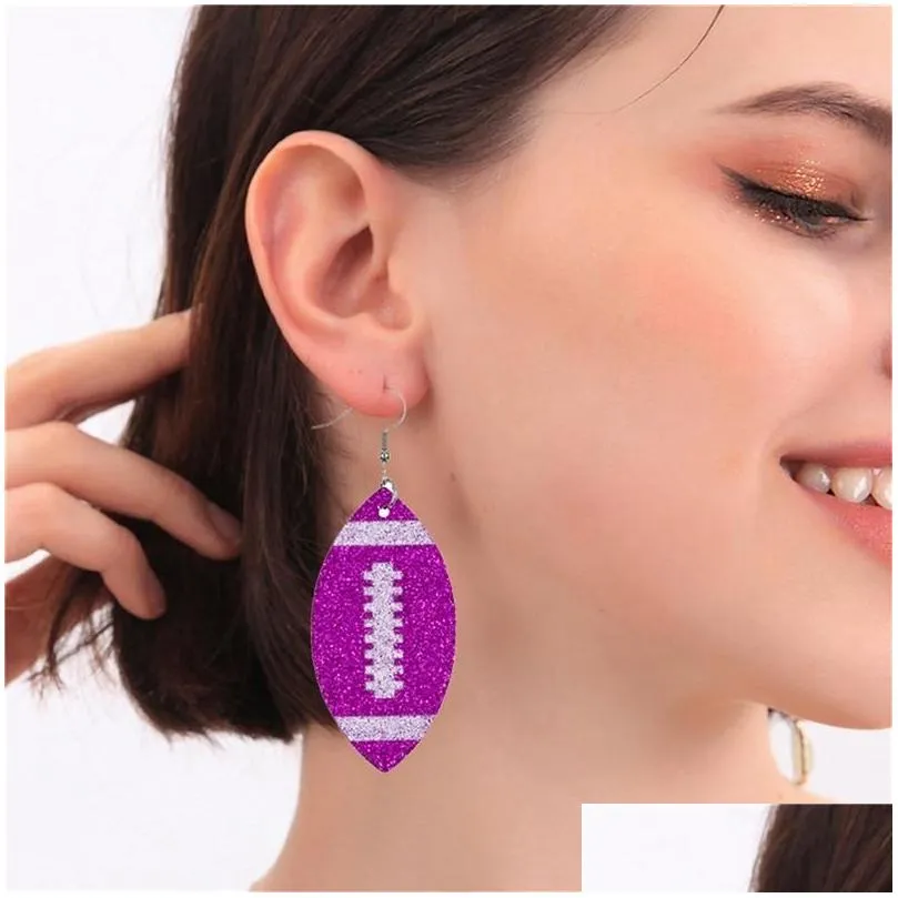 Dangle & Chandelier Glitter Faux Leather Football Drop Earrings For Women Girls Gift Accessories Jewelry Rugby Simple