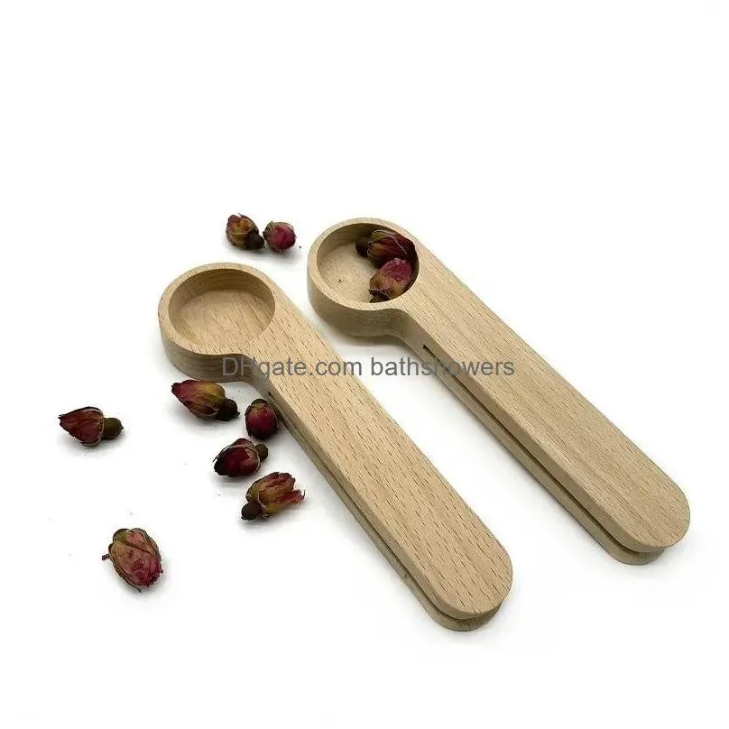 design wooden coffee scoop with bag clip tablespoon solid beech wood measuring tea bean spoons clips gift wholesale