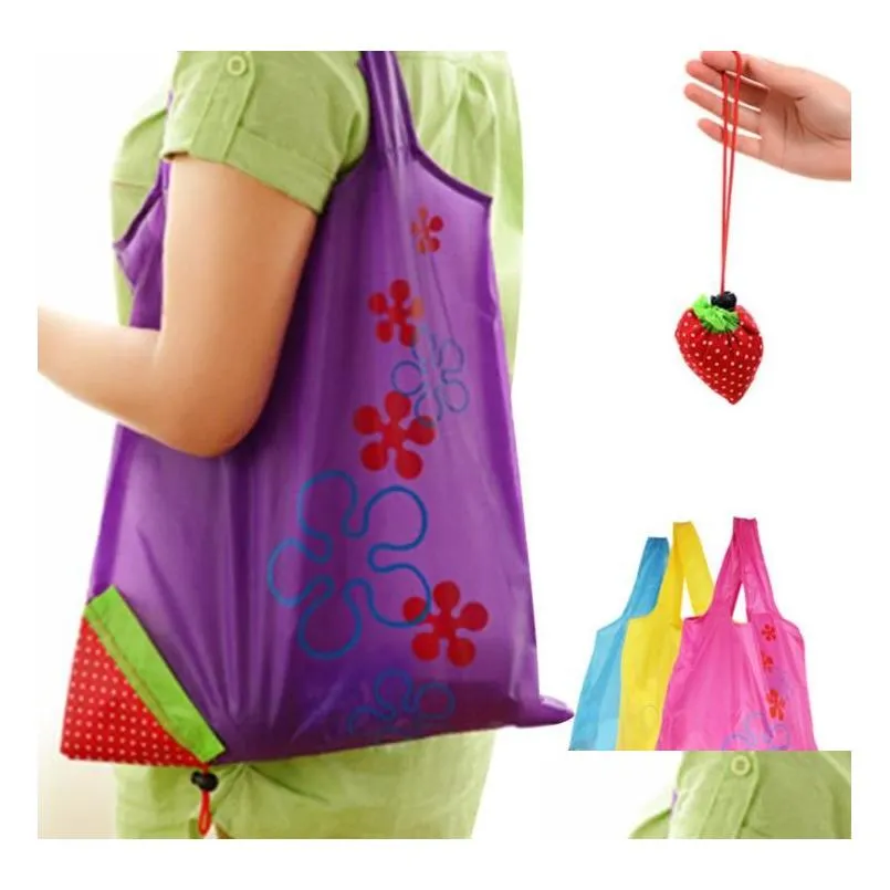 storage handbag strawberry grapes pineapple foldable shopping bags reusable folding grocery nylon large bag random color sn2382