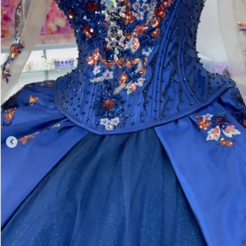 Mexi Navy Blue Shiny Ball Gown Quinceanera Dresses Long Sleeved Beads Crystals Embroidery Appliques Sweet 16 Dress vestidos de 15