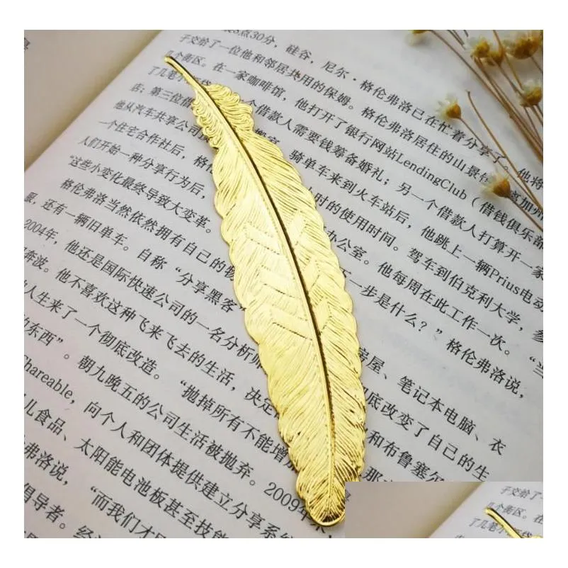 wholesale 7 colors metal feather bookmark document book mark label golden silver rose gold bookmarks office school supplies sn2496