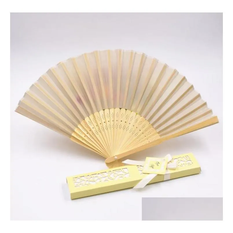 party favors fashion engraved folding hand silk fan fold vintage fans with organza gift bag customized wedding gift box sn3117