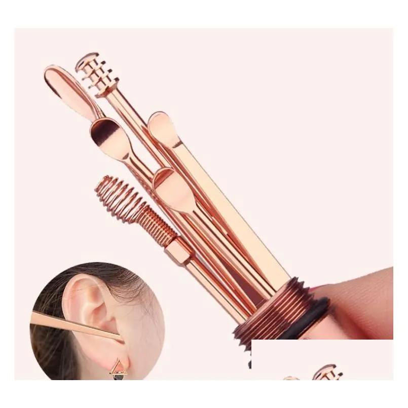 multifunction stainless steel rose gold spiral ear pick spoon wax removal set cleaner portable ears picker care beauty tools sn4535