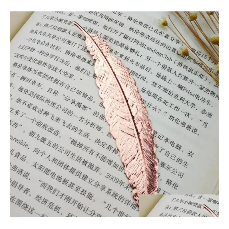 wholesale 7 colors metal feather bookmark document book mark label golden silver rose gold bookmarks office school supplies sn2496