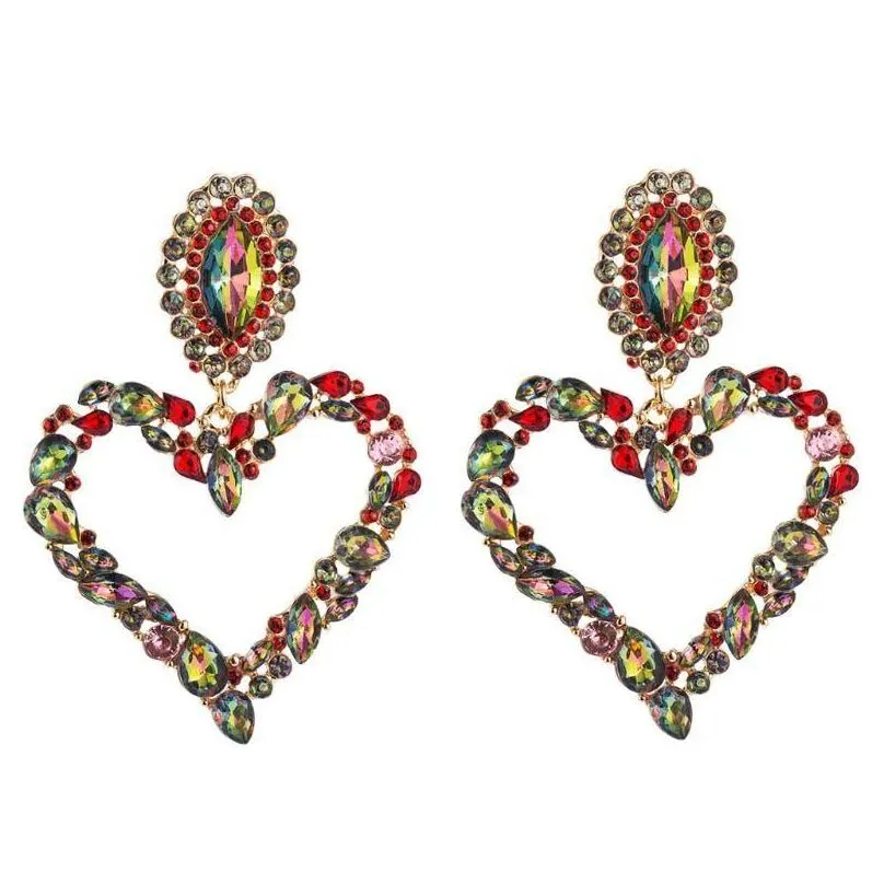 1 Pair Shiny Rainbow Crystal Rhinestone Large Heart Pendant Dangle Bib Earrings Statement Earrings Women Fashion Jewelr