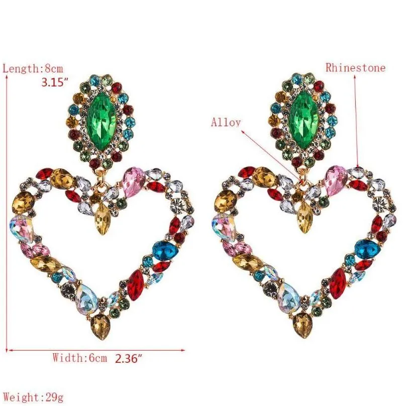 1 Pair Shiny Rainbow Crystal Rhinestone Large Heart Pendant Dangle Bib Earrings Statement Earrings Women Fashion Jewelr