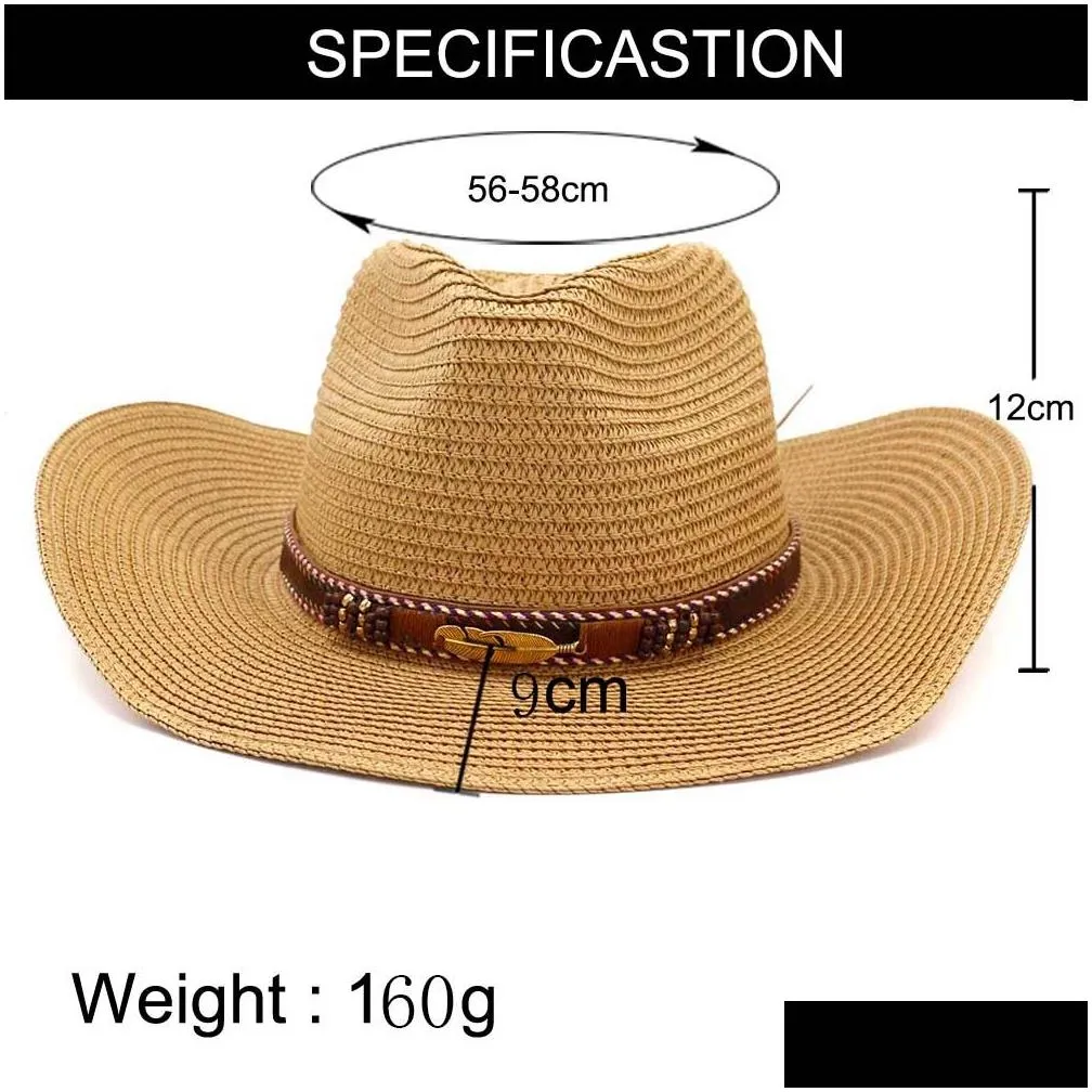 Western  hat For Women Men Straw Hat With Alloy Feather Beads summer Beach Cap Panama hat