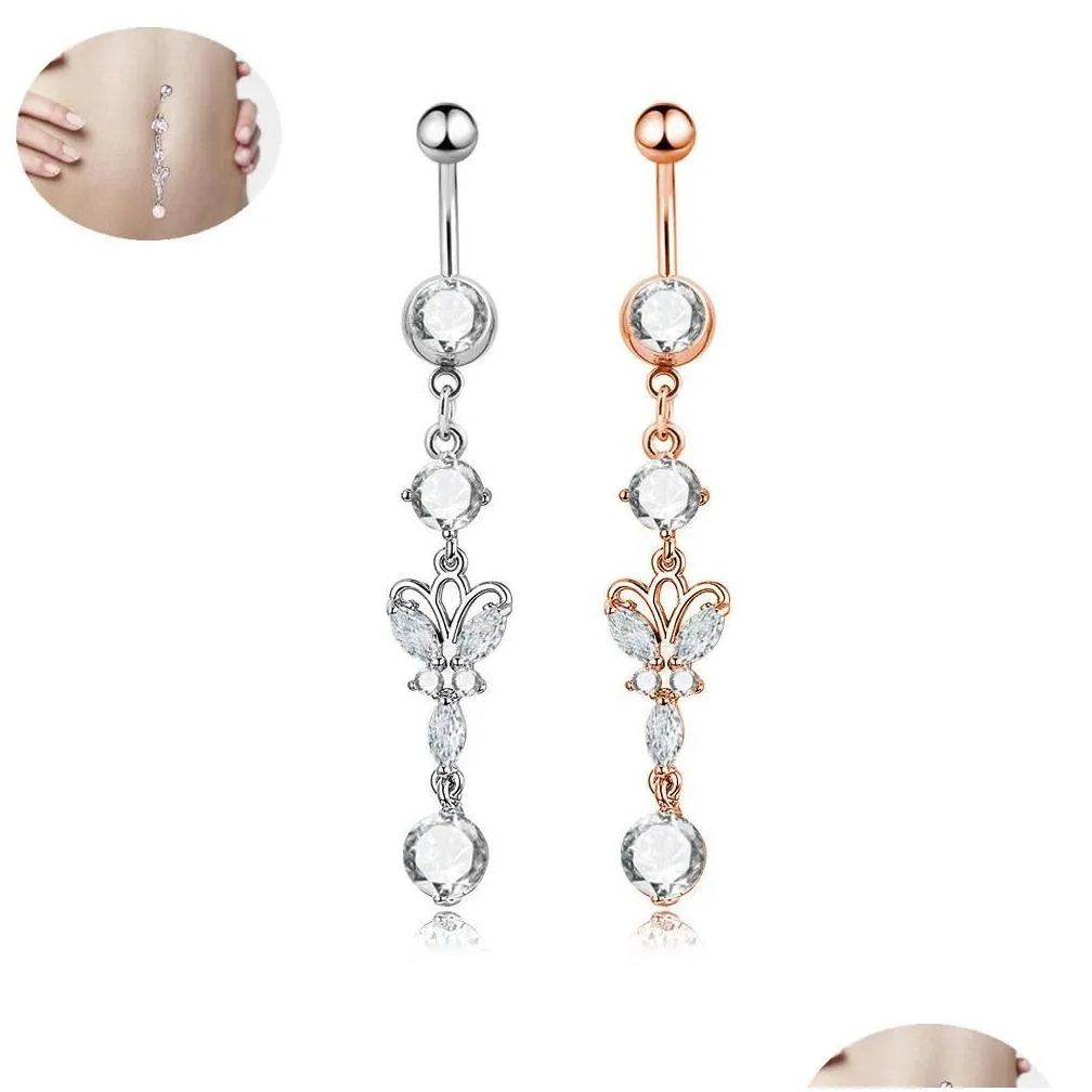 316L Stainless Steel Crystal Heart Butterfly Long Tassel Navel Bars Belly Button Ring Navel Piercing Jewelry