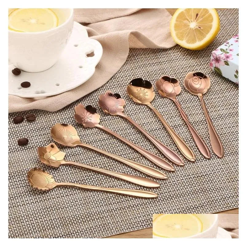 8 pcs/set vintage stainless steel spoon flower shaped coffee tea stiring spoon ice cream cake dessert tableware sn4296