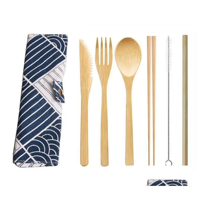 wooden outdoor utensils portable travel picnic camping cutlery set eco-friendly bamboo cutlery sets wood dinnerware-set with pouch bag