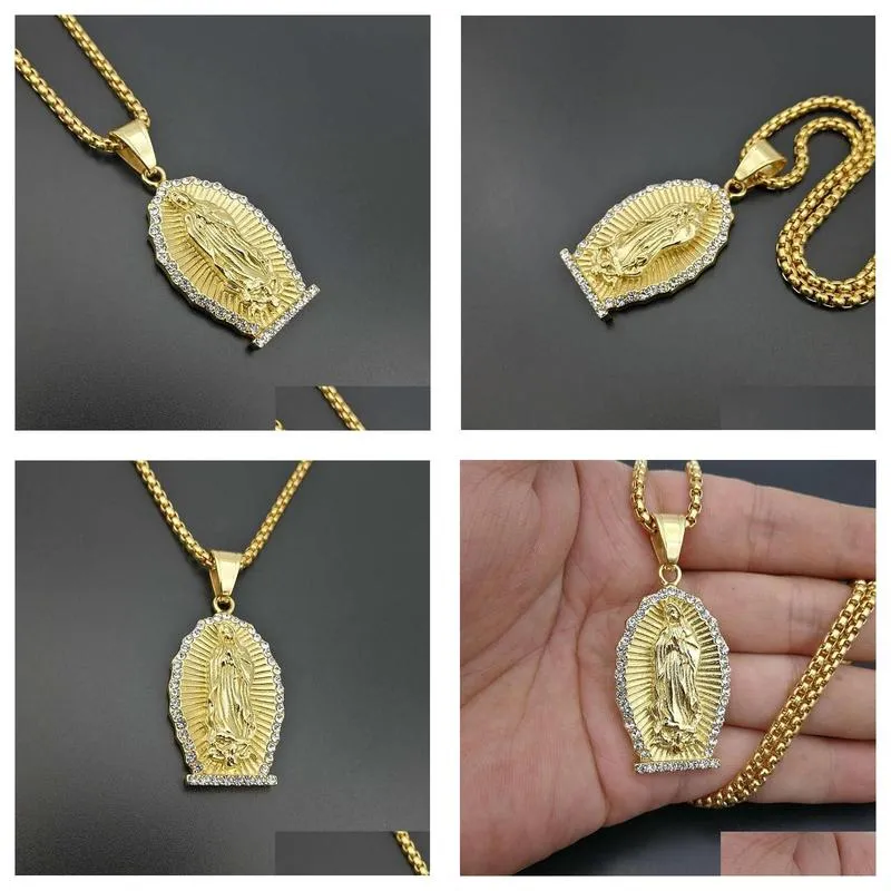 Pendant Necklaces Stainless Steel Virgin Mary Necklace For Men Hip Hop Rapper Jewelry With 60cm Gold Color Link Chain