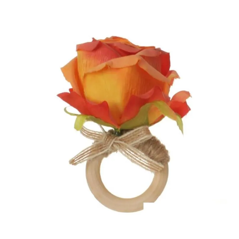 7 color wooden napkin rings buckle clasp hand woven linen rope artificial flower napkins ring el table sn3295