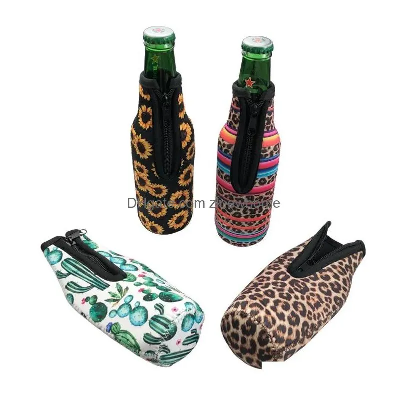 330ml 12oz drinkware handle neoprene beer bottle coolers sleeve with zipper, bottles koozies, softball, sunflower leopard pattern