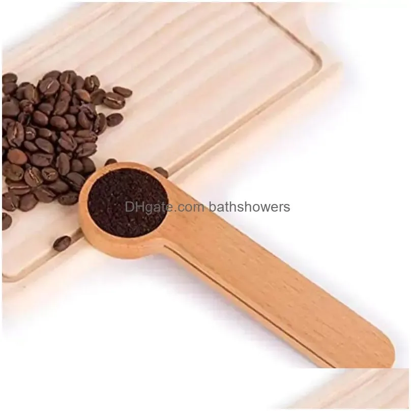 design wooden coffee scoop with bag clip tablespoon solid beech wood measuring tea bean spoons clips gift wholesale