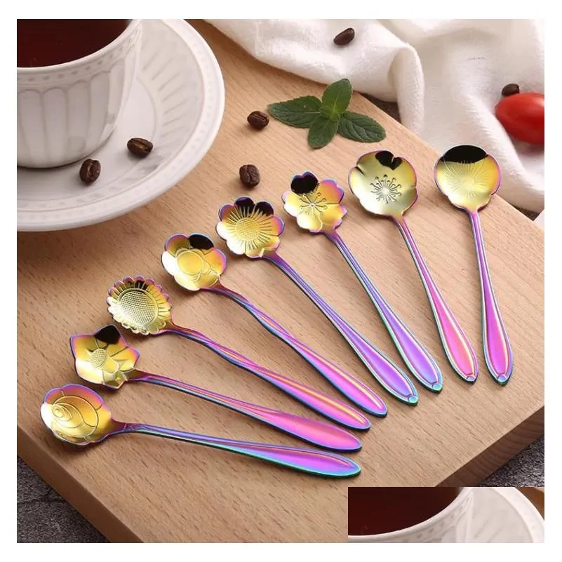 8 pcs/set vintage stainless steel spoon flower shaped coffee tea stiring spoon ice cream cake dessert tableware sn4296