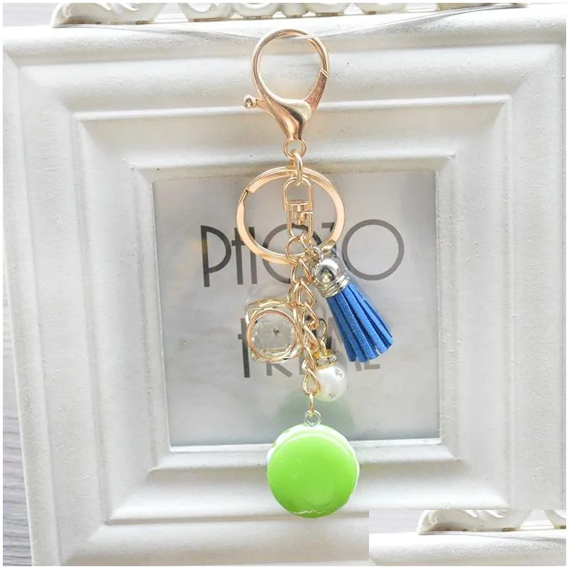 Lovely Macaron Keychains Bag Pearl Charm Keychain Chaveiro llaveros Gold Metal Keyring Car Key Holder