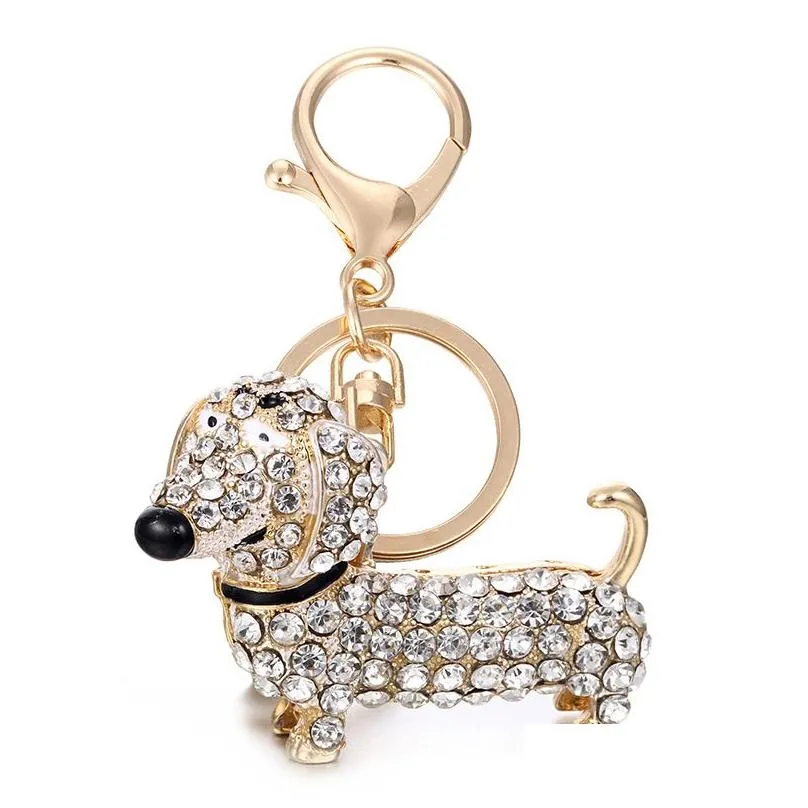 Rhinestone Crystal Dog Dachshund Keychain Bag Charm Pendant Keys Chain Holder Key Ring Jewelry For Women Girl Gift 6C08041