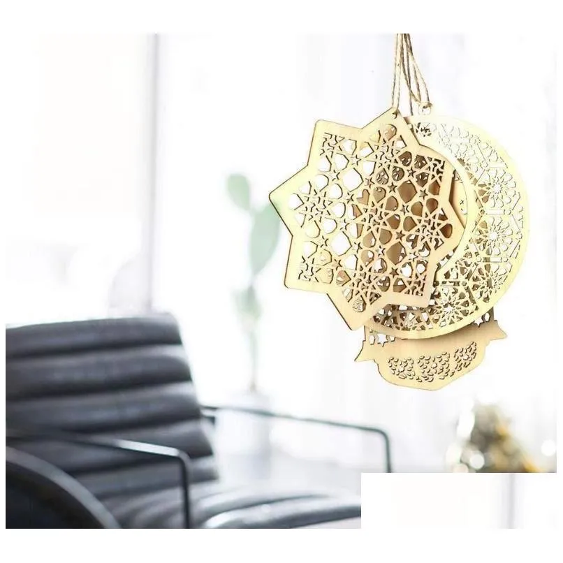 party decoration ramadan wooden decor eid mubarak muslim moon star plate hollow pendant islamic festival event sn2077