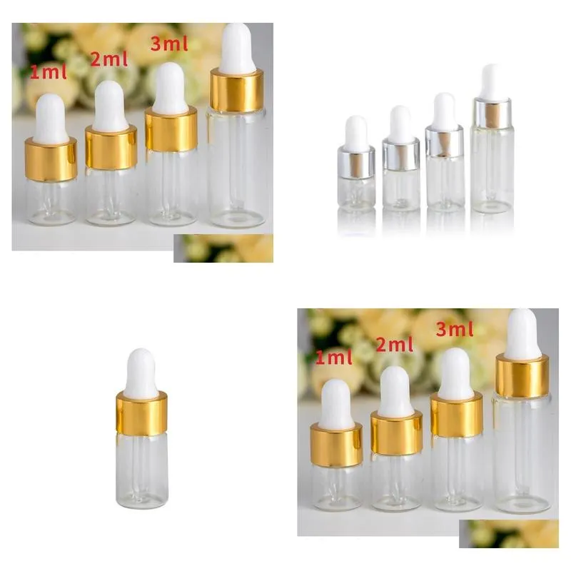 wholesale silver cap white rubber top 1ml 2ml 3ml 5ml perfume  oil bottles amber clear glass dropper bottle jars vials with droppers 1200pcs